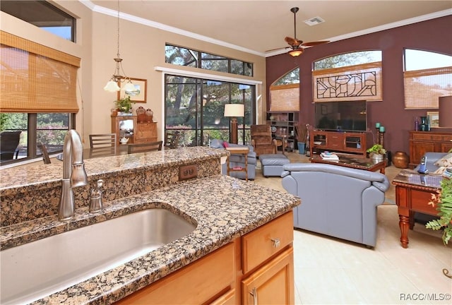 kitchen featuring plenty of natural light, ceiling fan, crown molding, and sink