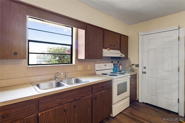 kitchen with dark brown cabinets, dark hardwood / wood-style flooring, white range with electric stovetop, and sink