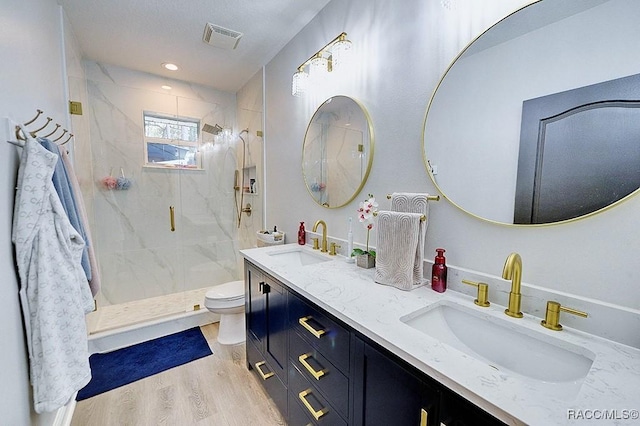 bathroom featuring toilet, a marble finish shower, visible vents, and a sink