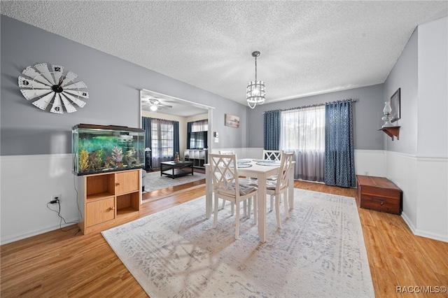 dining space featuring a wealth of natural light, hardwood / wood-style floors, and a textured ceiling