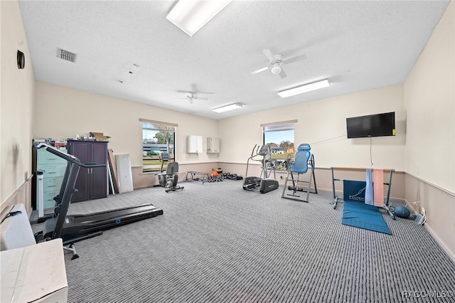 exercise area with carpet, a textured ceiling, and ceiling fan