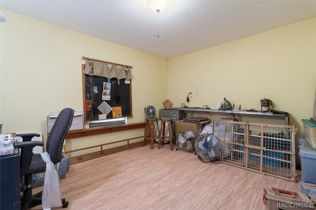 office area with hardwood / wood-style floors and a workshop area