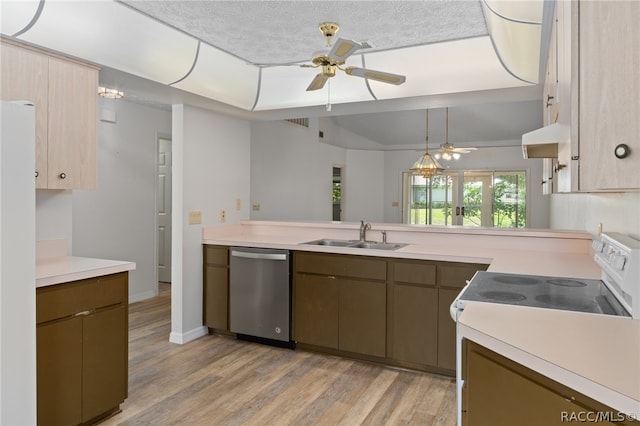 kitchen with ceiling fan, light hardwood / wood-style floors, white appliances, and sink