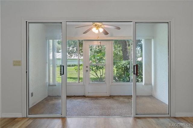 doorway with light hardwood / wood-style floors and ceiling fan