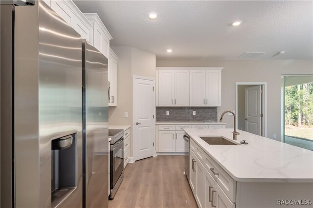 kitchen featuring sink, tasteful backsplash, appliances with stainless steel finishes, white cabinets, and light wood-type flooring