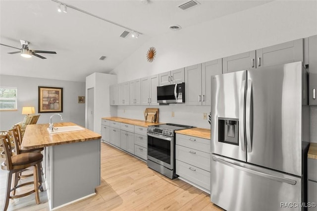 kitchen with wood counters, gray cabinets, an island with sink, appliances with stainless steel finishes, and a kitchen breakfast bar