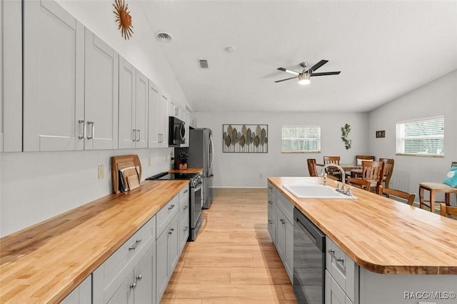 kitchen with wood counters, stainless steel appliances, a wealth of natural light, and sink