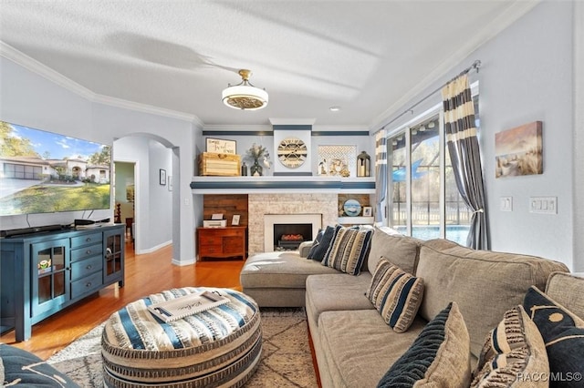 living room with light hardwood / wood-style floors, ornamental molding, and a wealth of natural light