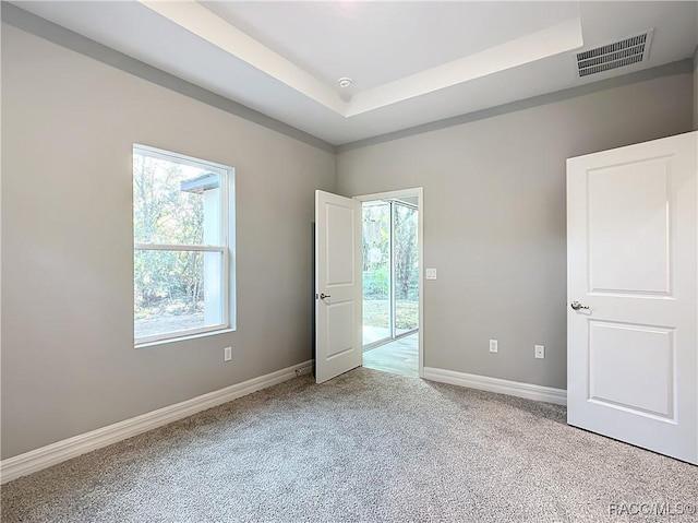 unfurnished bedroom featuring light carpet, access to exterior, and a tray ceiling