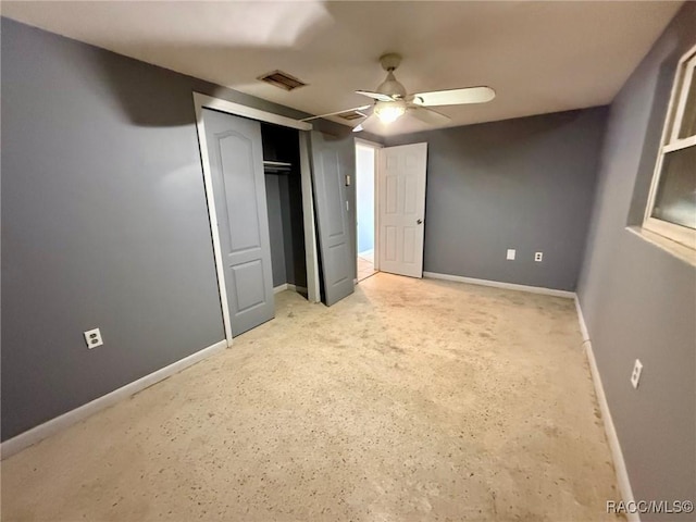 unfurnished bedroom featuring a closet and ceiling fan