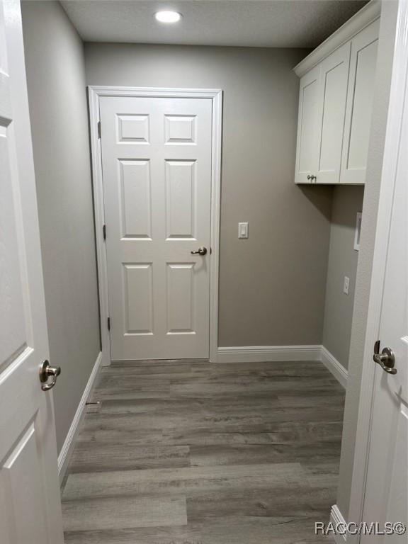 unfurnished bedroom with a closet, a spacious closet, baseboards, and wood finished floors