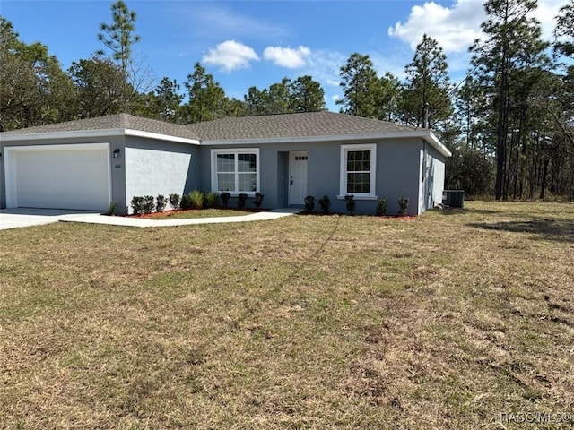 ranch-style home featuring central AC unit, an attached garage, roof with shingles, stucco siding, and a front yard