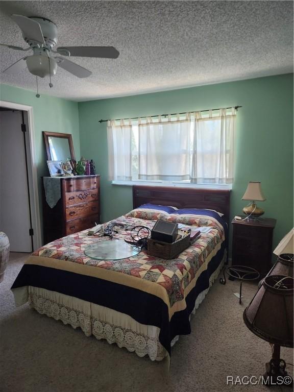 bedroom with ceiling fan, carpet floors, multiple windows, and a textured ceiling