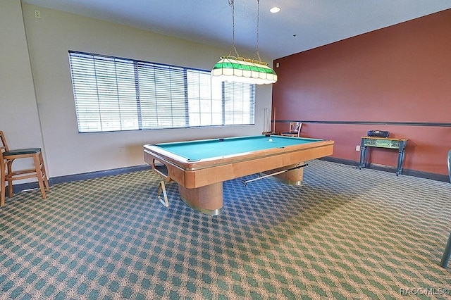 rec room with carpet floors, recessed lighting, baseboards, and pool table