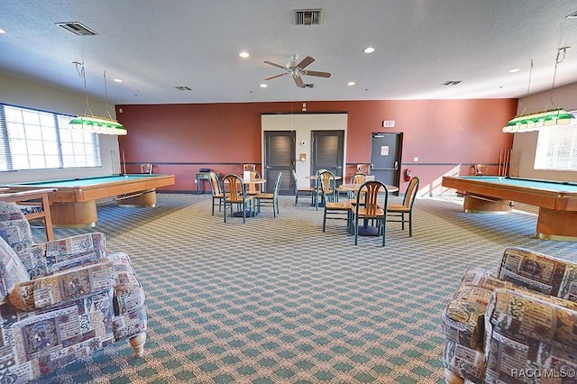 playroom featuring billiards, visible vents, a textured ceiling, carpet floors, and recessed lighting