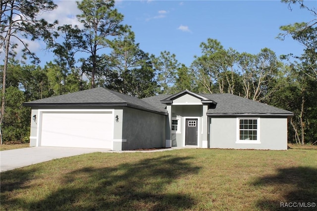 ranch-style house with roof with shingles, a garage, a front lawn, concrete driveway, and stucco siding