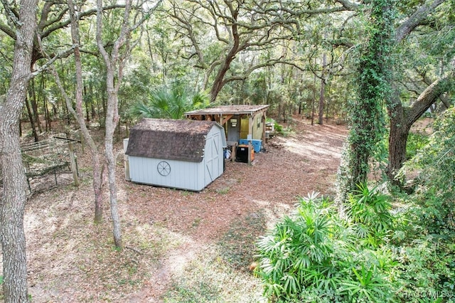 view of yard featuring a shed