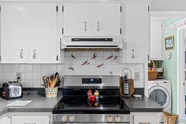 kitchen featuring white cabinetry, extractor fan, stainless steel electric range, and washer / dryer