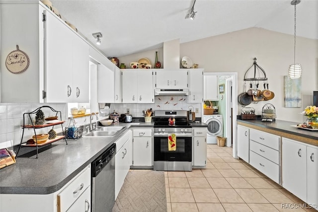 kitchen featuring white cabinets, stainless steel appliances, exhaust hood, and vaulted ceiling