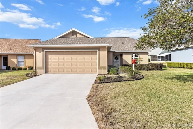 single story home with a front yard and a garage