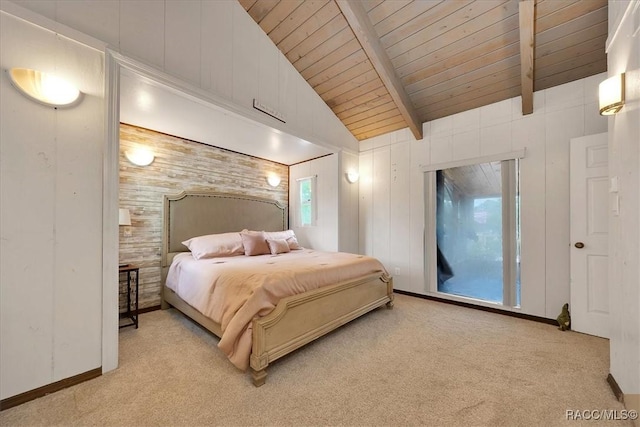 11615 N Caribee Pt, Inglis, FL 34449 - bedroom featuring light carpet, wood ceiling, wooden walls, and baseboards