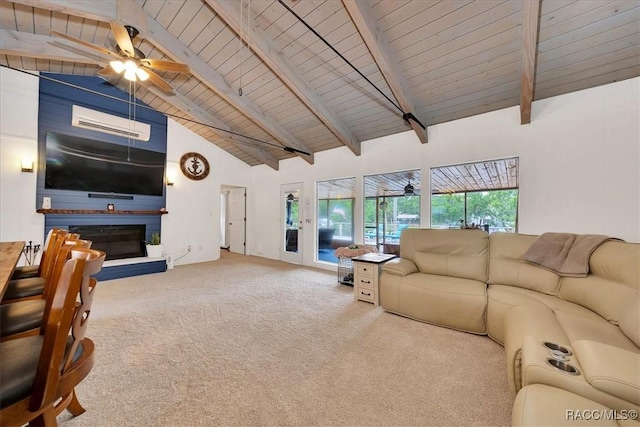 11615 N Caribee Pt, Inglis, FL 34449 - carpeted living area featuring a ceiling fan, a wall mounted AC, wood ceiling with exposed beams, high vaulted ceiling, and a large fireplace
