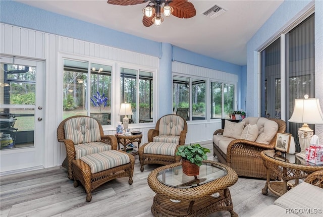 sunroom / solarium with ceiling fan