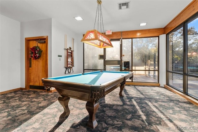 recreation room with carpet and pool table