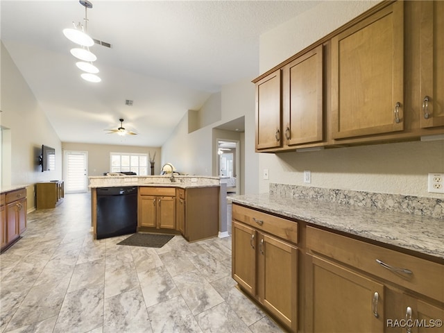 kitchen featuring lofted ceiling, light stone counters, decorative light fixtures, dishwasher, and ceiling fan