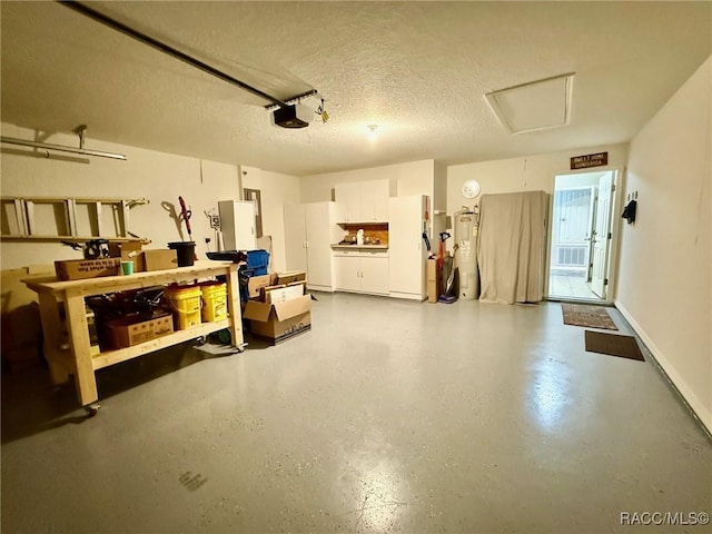 garage with a garage door opener, electric water heater, and white refrigerator