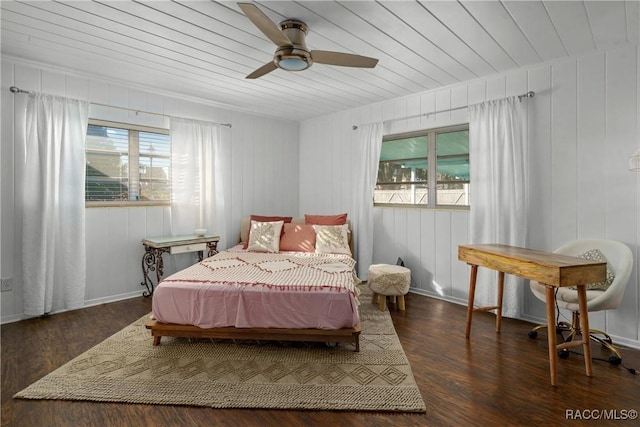 bedroom featuring a ceiling fan, wood ceiling, and dark wood-style flooring