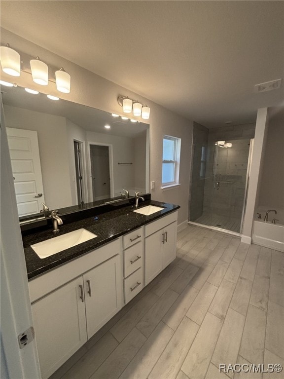 bathroom with vanity and independent shower and bath