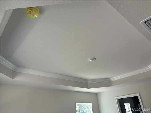 room details with a raised ceiling and crown molding