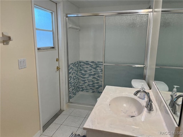 bathroom featuring a stall shower, vanity, and tile patterned floors