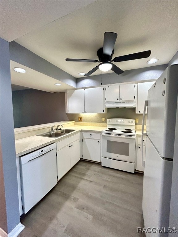 kitchen featuring white appliances, sink, ceiling fan, light hardwood / wood-style floors, and white cabinetry