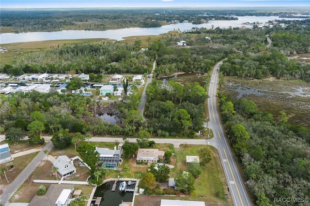 drone / aerial view featuring a water view and a wooded view