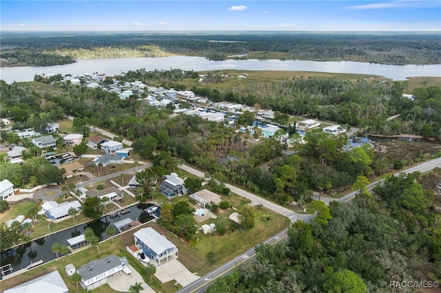 bird's eye view with a water view, a residential view, and a wooded view