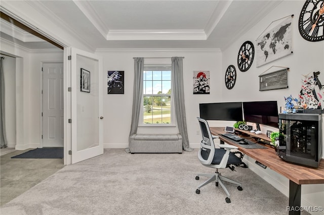 carpeted office space with a raised ceiling and ornamental molding