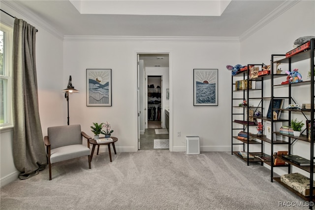 living area featuring carpet flooring and ornamental molding