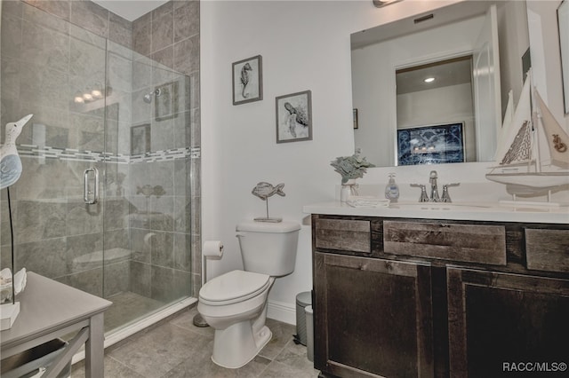 bathroom featuring tile patterned flooring, vanity, an enclosed shower, and toilet