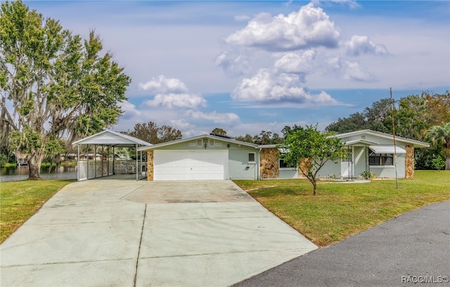 ranch-style home with a front yard and a carport