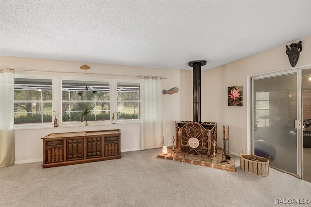 living area featuring plenty of natural light, a wood stove, and carpet floors