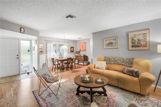 living room featuring hardwood / wood-style floors and a textured ceiling