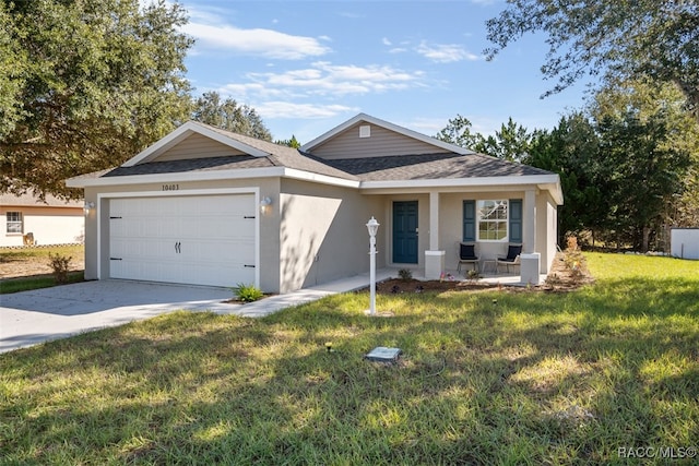 ranch-style house featuring a front lawn, a porch, and a garage