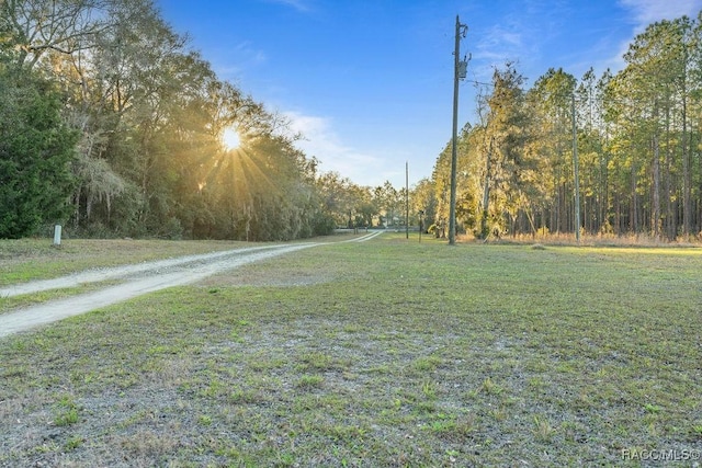 surrounding community with a lawn and a wooded view