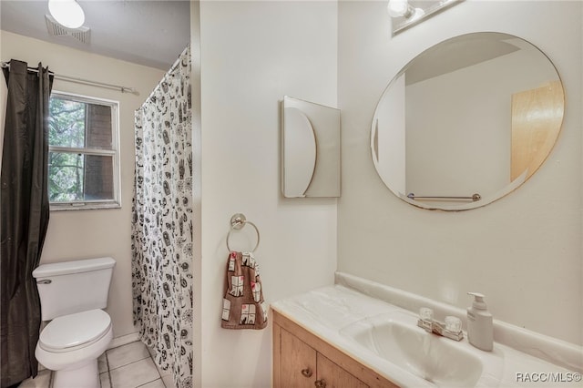 bathroom with visible vents, vanity, toilet, tile patterned floors, and a shower with curtain