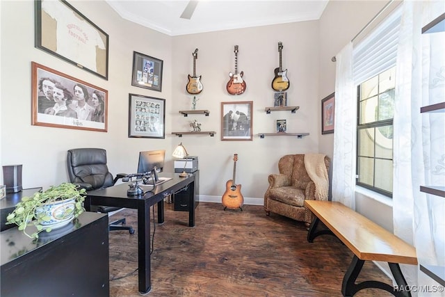 office featuring dark hardwood / wood-style flooring, ornamental molding, and ceiling fan