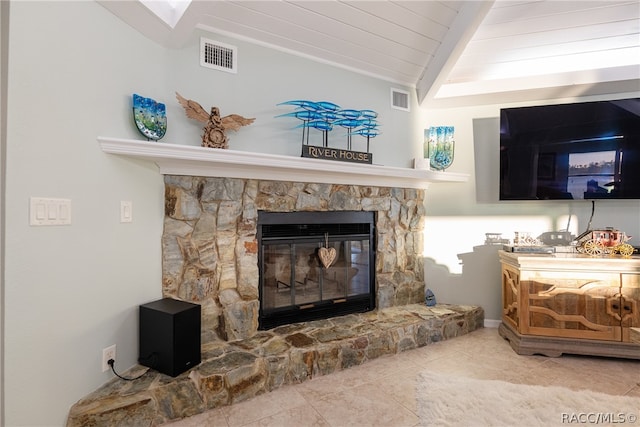 details featuring a fireplace and wooden ceiling