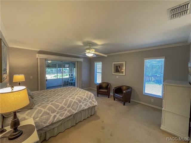 bedroom featuring access to outside, multiple windows, visible vents, and light colored carpet