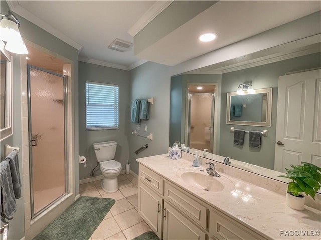 full bath featuring tile patterned flooring, visible vents, vanity, ornamental molding, and a stall shower